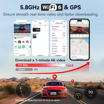 REDTIGER F17 Elite 4K 3-Channel Dash Cam with STARVIS 2 IMX678 & IMX675, 128GB Card, Full Night Color, 4K+2.5K+1080P Front Rear Inside, Touch Screen, Voice Control, 5Ghz Wifi 6, GPS, HDR, 24 Hours Parking Mode, Car Rvibes, Car VLOG,