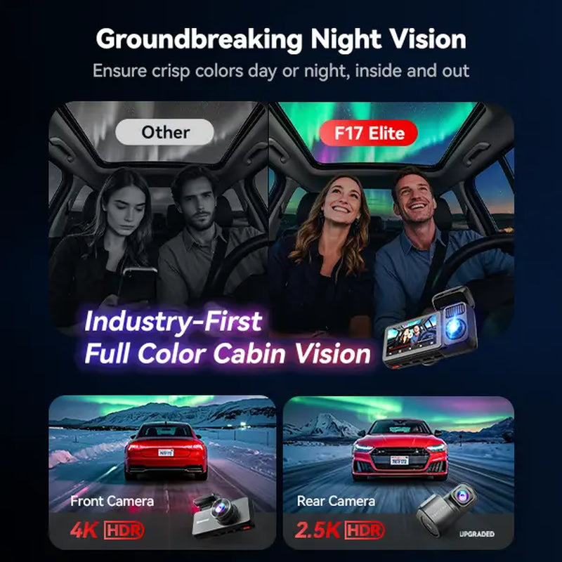 REDTIGER F17 Elite 4K 3-Channel Dash Cam with STARVIS 2 IMX678 & IMX675, 128GB Card, Full Night Color, 4K+2.5K+1080P Front Rear Inside, Touch Screen, Voice Control, 5Ghz Wifi 6, GPS, HDR, 24 Hours Parking Mode, Car Rvibes, Car VLOG,
