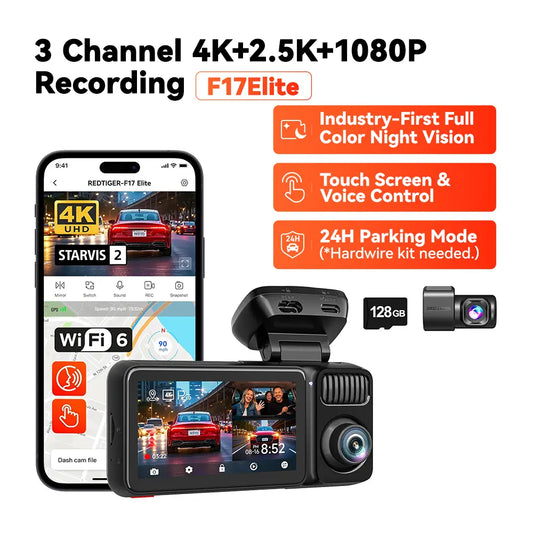REDTIGER F17 Elite 4K 3-Channel Dash Cam with STARVIS 2 IMX678 & IMX675, 128GB Card, Full Night Color, 4K+2.5K+1080P Front Rear Inside, Touch Screen, Voice Control, 5Ghz Wifi 6, GPS, HDR, 24 Hours Parking Mode, Car Rvibes, Car VLOG,