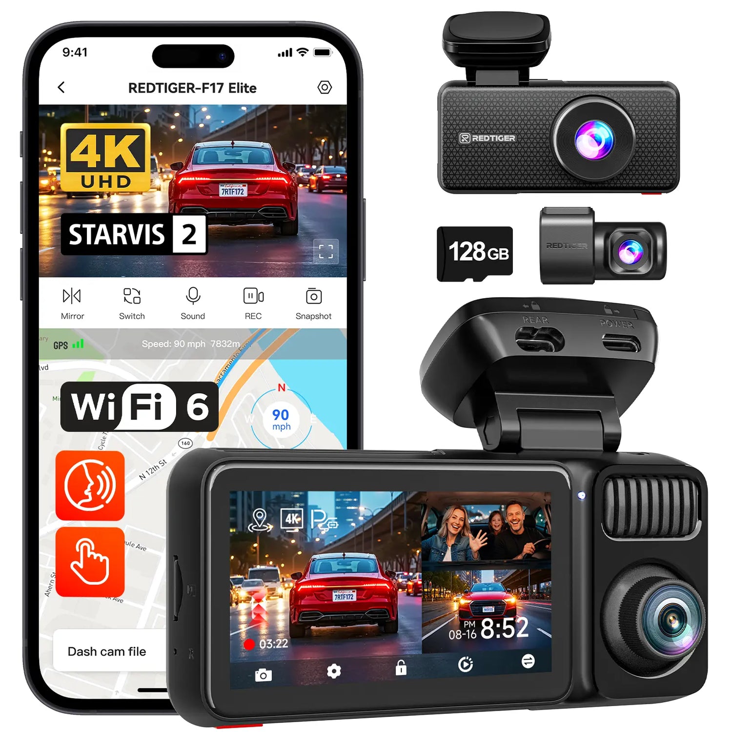 REDTIGER F17 Elite 4K 3-Channel Dash Cam with STARVIS 2 IMX678 & IMX675, 128GB Card, Full Night Color, 4K+2.5K+1080P Front Rear Inside, Touch Screen, Voice Control, 5Ghz Wifi 6, GPS, HDR, 24 Hours Parking Mode, Car Rvibes, Car VLOG,