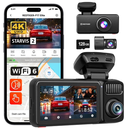 REDTIGER F17 Elite 4K 3-Channel Dash Cam with STARVIS 2 IMX678 & IMX675, 128GB Card, Full Night Color, 4K+2.5K+1080P Front Rear Inside, Touch Screen, Voice Control, 5Ghz Wifi 6, GPS, HDR, 24 Hours Parking Mode, Car Rvibes, Car VLOG,