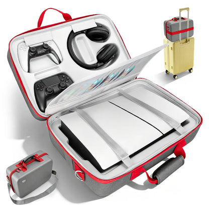 PS5 Carrying Case Hard Shell, Waterproof Shockproof Dustproof Travel Bag for PS5 & PS5 Slim with Removable Divider, Large Capacity Holds Console Controller Headset Game Discs Cables, EVA Portable Storage Essential Gift for Gamers