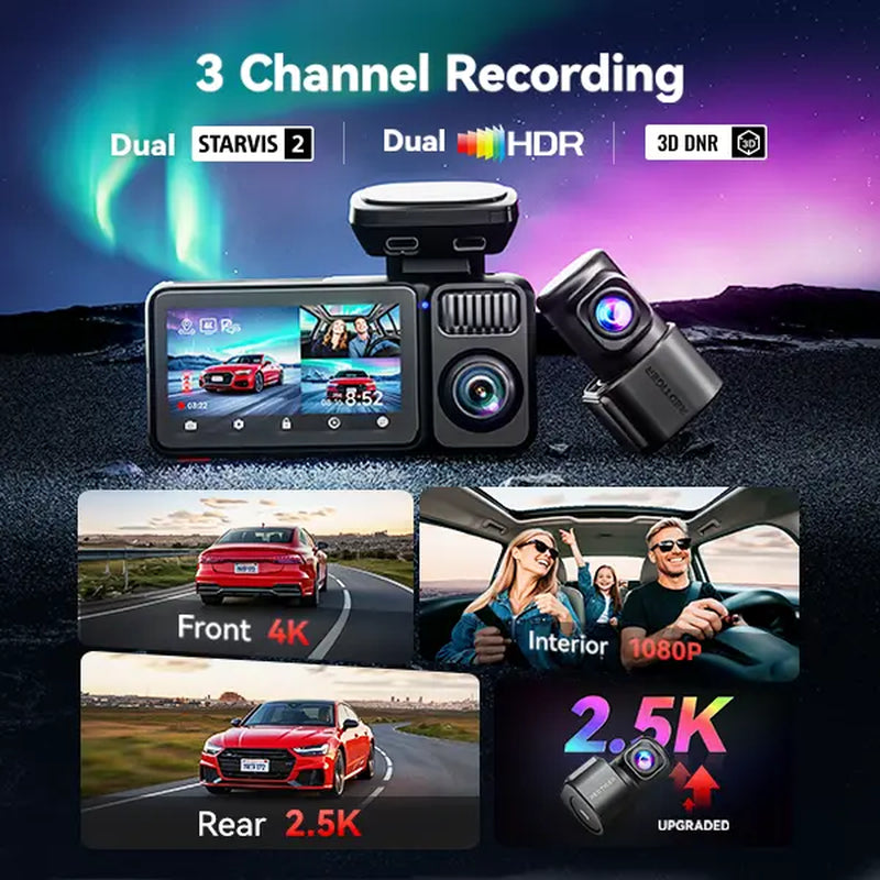 REDTIGER F17 Elite 4K 3-Channel Dash Cam with STARVIS 2 IMX678 & IMX675, 128GB Card, Full Night Color, 4K+2.5K+1080P Front Rear Inside, Touch Screen, Voice Control, 5Ghz Wifi 6, GPS, HDR, 24 Hours Parking Mode, Car Rvibes, Car VLOG,
