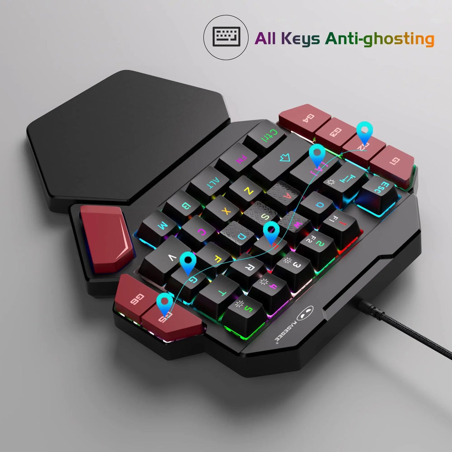 Magegee 40% Left-Handed Professional Gaming Keyboard - Mini Wired Mechanical Keyboard with Backlit 35 Keys and Blue, Red, Black Switches for PC Gamers, Featuring 6 Macro Keys