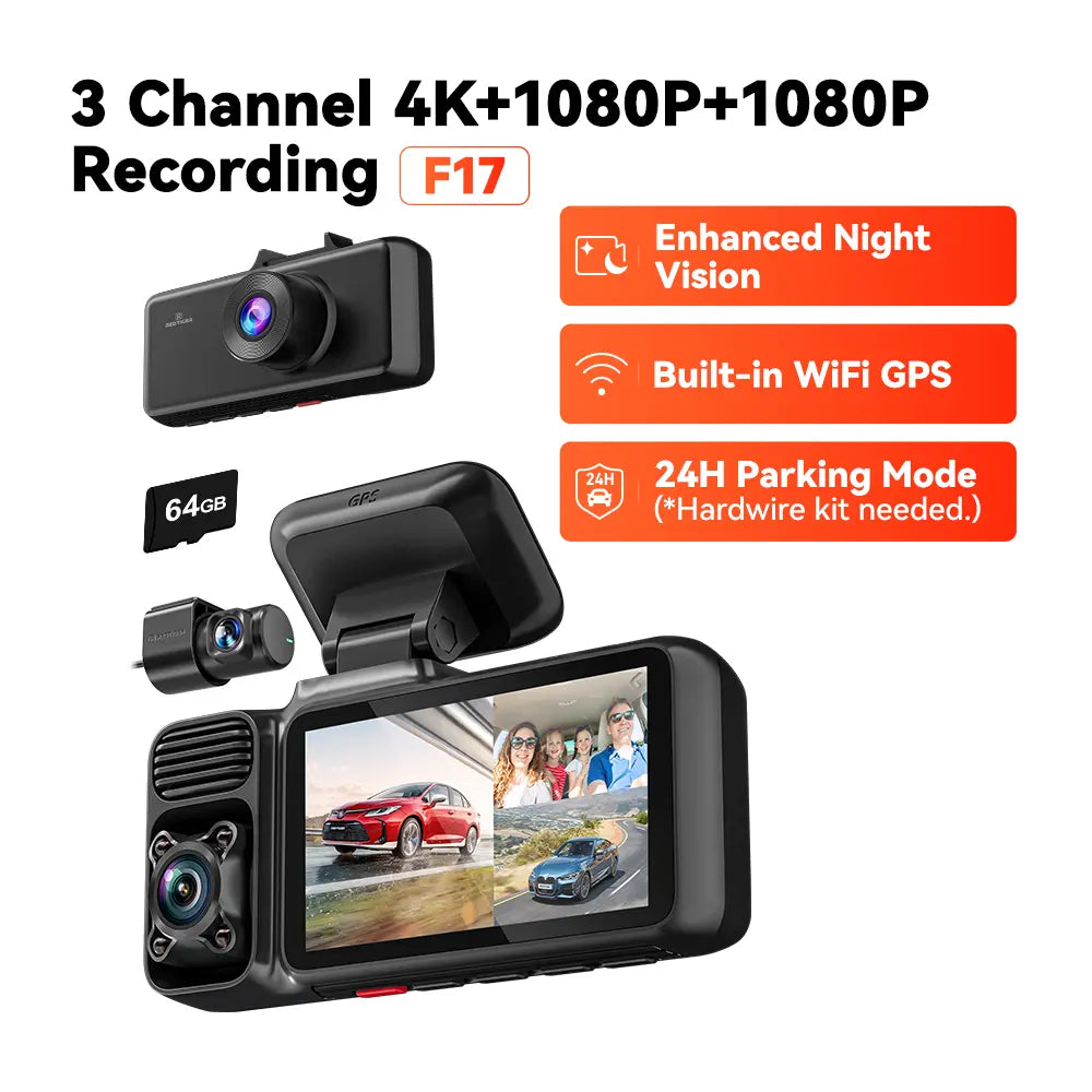 REDTIGER F17 Elite 4K 3-Channel Dash Cam with STARVIS 2 IMX678 & IMX675, 128GB Card, Full Night Color, 4K+2.5K+1080P Front Rear Inside, Touch Screen, Voice Control, 5Ghz Wifi 6, GPS, HDR, 24 Hours Parking Mode, Car Rvibes, Car VLOG,